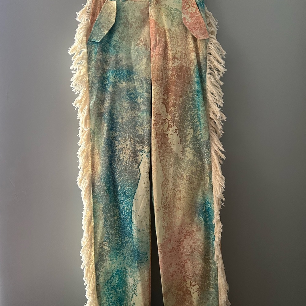 Blue and Yellow Wide Leg Pants with Fringe